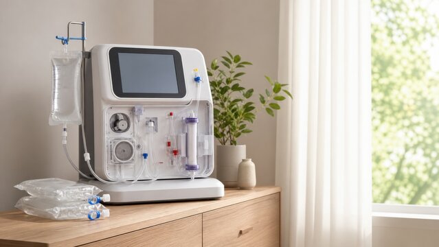 Compact home dialysis machine with sterile tubing and fluid bags, ideal for kidney care, chronic treatment and medical device marketing