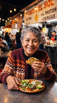 Vibrant Senior Enjoying Authentic Mexican Street Tacos