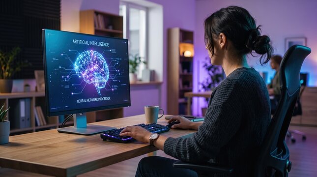 Woman working at computer desk with artificial intelligence neural network processor graphic on screen, machine learning, futuristic home office setup, cyber brain visualization