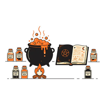 Witches cauldron bubbling over a bright orange camp fire next to an open spell book and assorted potion ingredient bottles.