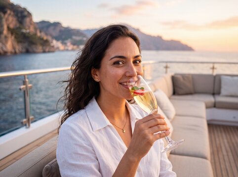 Elegant Hispanic Woman Enjoying Sunset Yacht Cruise