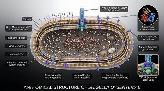 Transparent Anatomical Cross-Section of Gram-Negative Shigella Dysenteriae Bacterium Revealing Outer Membrane Lipopolysaccharide, Periplasmic Enzymes