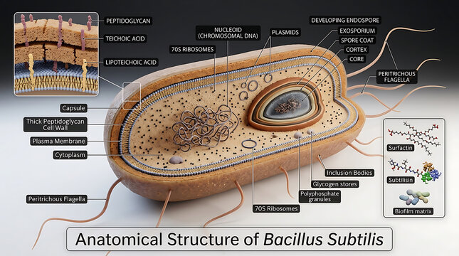 Detailed Transparent Anatomical Cross-Section of Gram-Positive Bacillus Subtilis Bacterium Revealing Thin Capsule, Thick Peptidoglycan Cell Wall with Teichoic Acids