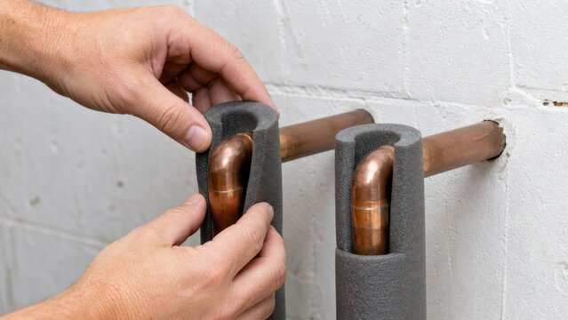 Hands fitting foam insulation around exposed copper pipe elbows, ideal for winter freeze prevention, plumbing maintenance and home protection