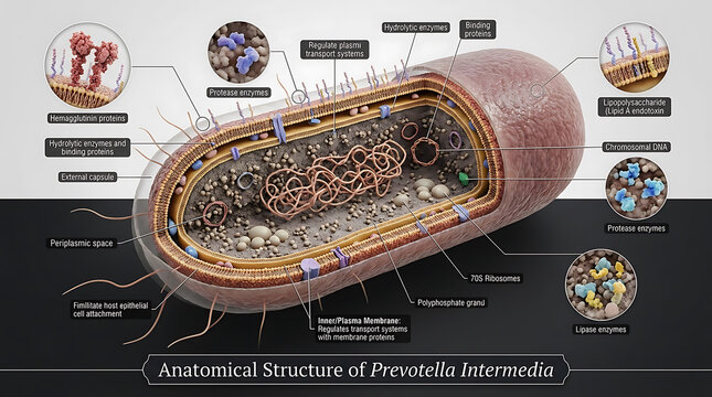 Transparent Anatomical Cross-Section of Gram-Negative Prevotella Intermedia Bacterium Revealing Capsule, Outer Membrane Lipopolysaccharide, Periplasmic Enzymes, Nucleoid Chromosomal DNA