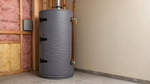 Insulated blanket secured around a residential hot water tank, ideal for winter energy savings, efficient water heating and utility room upgrades