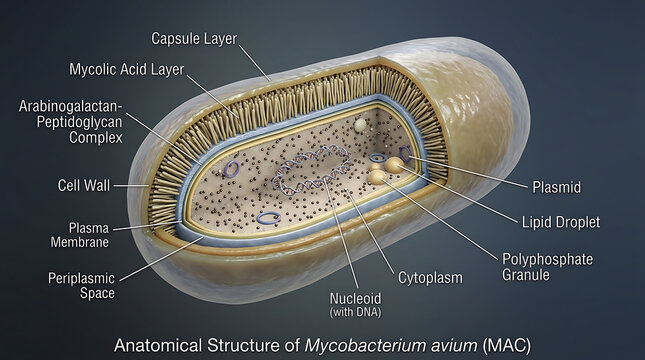Detailed Transparent Anatomical Cross-Section of Mycobacterium Avium Bacterium Revealing Mycolic Acid-Rich Cell Wall, Arabinogalactan-Peptidoglycan Complex, Lipoarabinomannan Molecules