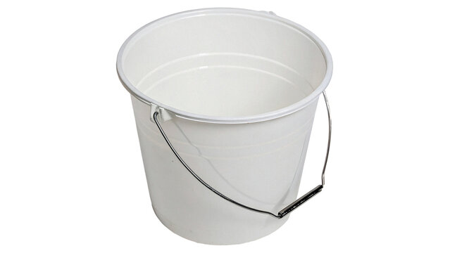An empty classic white plastic bucket isolated on transparent background.