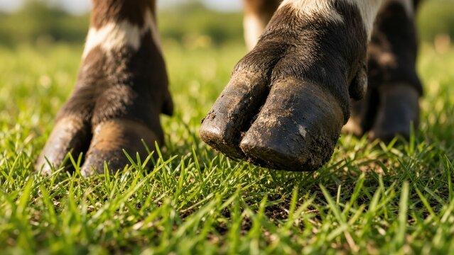 Close-up of Muddy Cow Hooves Standing on Green Grass Field