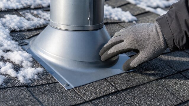 Gloved hand checking sealed metal flashing around a residential roof vent, ideal for winter leak prevention, inspection and home weatherproofing