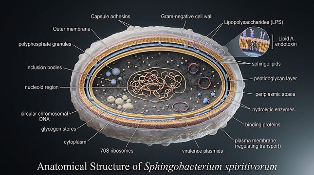 Transparent Anatomical Cross-Section of Gram-Negative Sphingobacterium Spiritivorum Bacterium Revealing Capsule, Outer Membrane Lipopolysaccharide and Sphingolipids, Periplasmic Enzymes