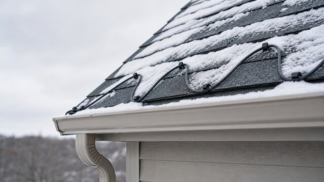 Deicing cable secured along a snowy residential roof edge above a clean gutter, ideal for winter ice dam prevention, safety and home protection