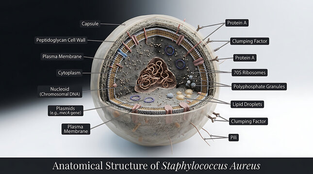 Detailed Transparent Anatomical Cross-Section of Gram-Positive Staphylococcus Aureus Bacterium Revealing Thick Peptidoglycan Cell Wall, Teichoic Acids, Surface Protein A, Nucleoid Chromosomal DNA