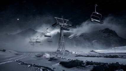 Fototapeta premium Empty chairlift at a ski resort during a snowy night. Misty mountains and snow-covered slopes under a full moon. Winter sports travel concept for resort marketing and extreme weather themes.