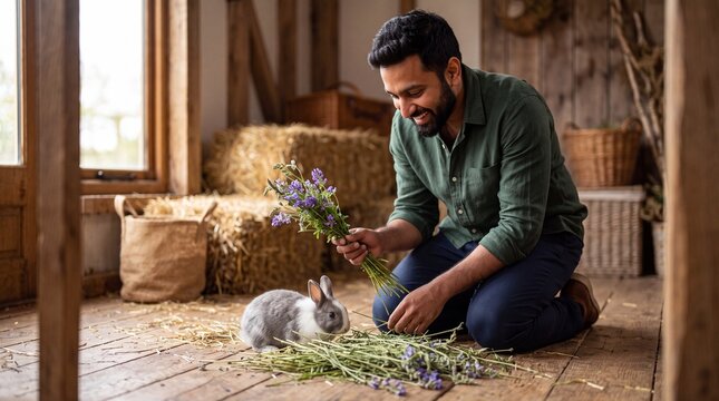 Confident South Asian Man Feeding Pet Dwarf Rabbit