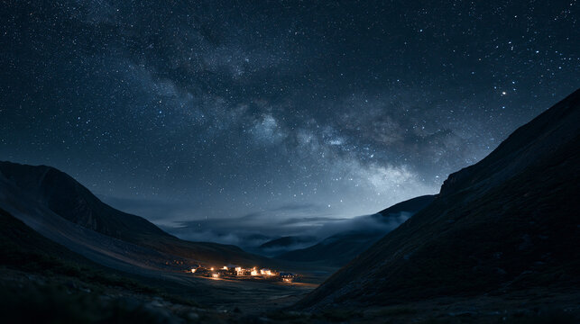 Milchstra&szlig;e &uuml;ber Bergtal mit erleuchtetem Dorf bei Nacht, sternenklarer Himmel f&uuml;r Reise-, Astronomie- und Naturmotive.
