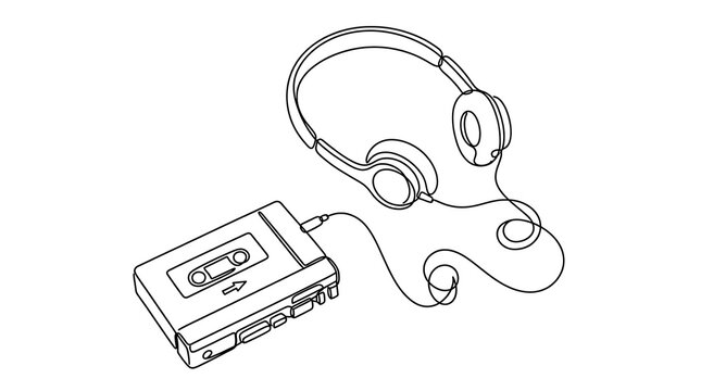 Continuous Line Art of Retro Cassette Player and Headphones
