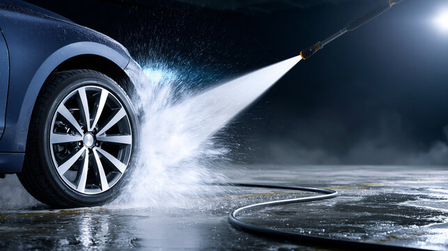 High-pressure water spray cleaning a car wheel with shiny alloy rim, water splashing against the surface in a dimly lit garage environment