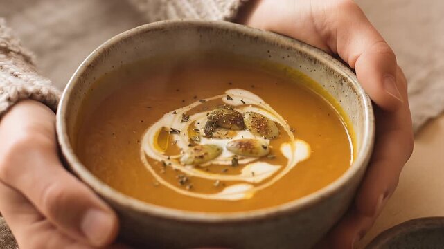 A person holding a rustic bowl of creamy orange soup garnished with croutons and a swirl of cream, evoking warmth and comfort.