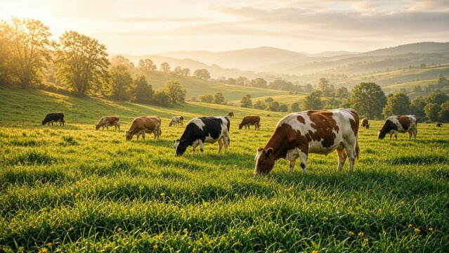 Cows Grazing in Green Meadow at Golden Sunrise