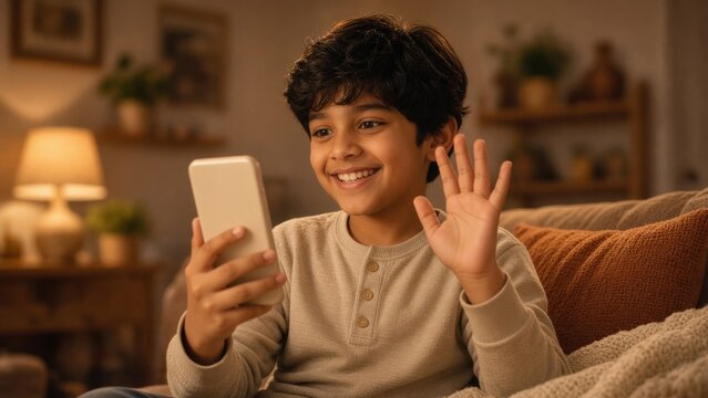 Happy Boy Waving During Video Call at Home on Sofa