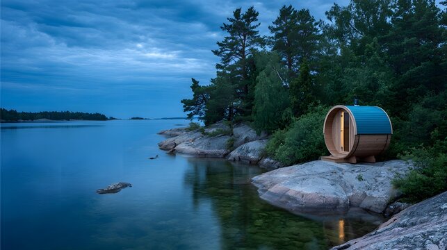 family enjoying a lakeside sauna retreat, natural surroundings, peaceful atmosphere and Nordic cultural lifestyle