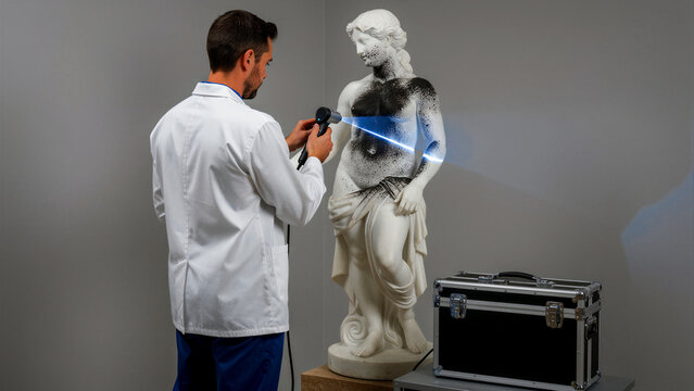 Restorer using laser technology to clean ancient marble statue. Professional specialist removes surface grime from classical sculpture in museum lab. Art conservation and heritage concept.