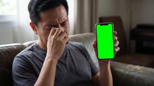 Digital Eye Strain, An Asian man squints intently at a bright green screen, showing fatigue