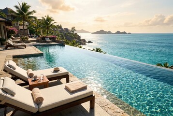 Fototapeta premium Luxury Infinity Pool Overlooking Tropical Ocean