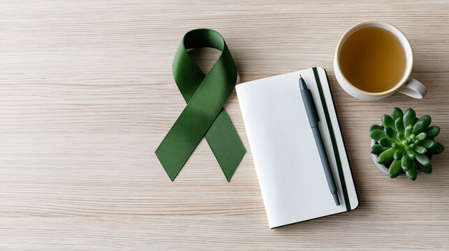 Green awareness ribbon placed beside a blank notebook, pen, and a cup of tea on a wooden table, with a succulent plant adding a touch of greenery