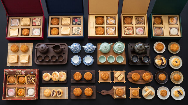 Assorted mooncakes and traditional tea sets in gift boxes on a dark background.