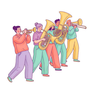 Cartoon marching band playing brass instruments in a parade
