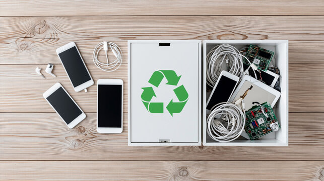 Collection of old smartphones and electronic cables in a recycling box with a green recycling symbol on a wooden surface