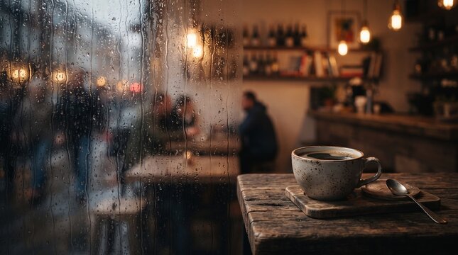 Rainy Caf&eacute; Window with Coffee and Warm Reflections