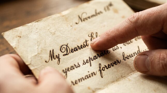 Close-Up of Hands Holding and Reading an Old Vintage Love Letter with Cursive Handwriting