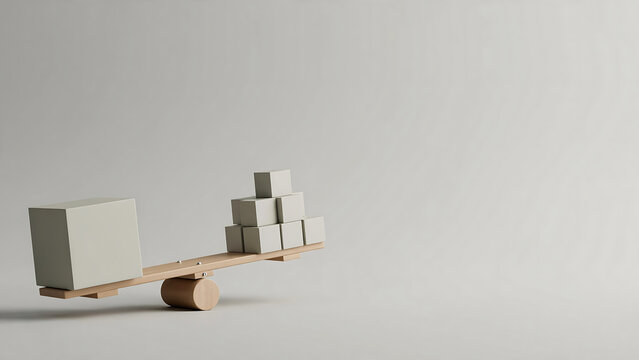 Conceptual balance of large and small cubes on wooden lever scale