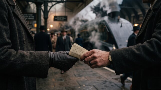 Espionage Scene of Two Men Passing a Secret Letter at a Vintage Train Station with Steam Locomotive