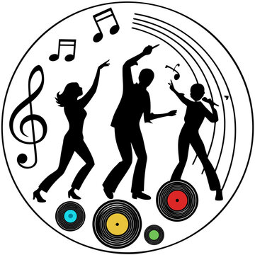Three dancing figures with microphones and musical notation signs surrounded by retro records in circular badge design perfect for musical performance promotional visuals.