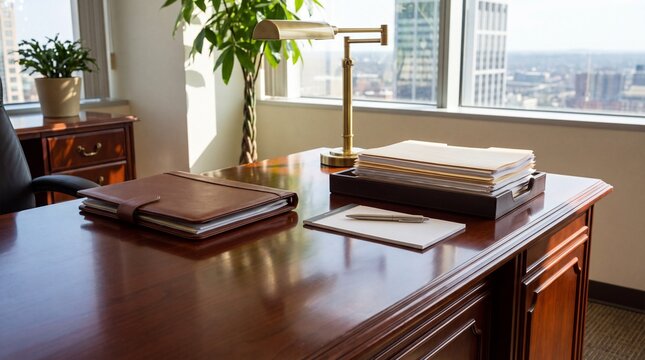 Office Workspace Setup, An elegant executive desk showcases organized documents and a leather portfolio