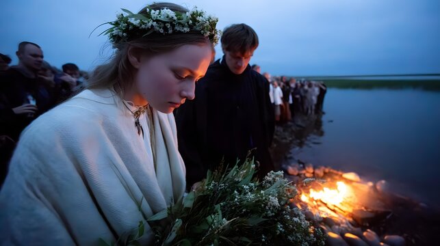 celebration around a lakeside bonfire, flower crowns, singing and dancing beneath twilight skies
