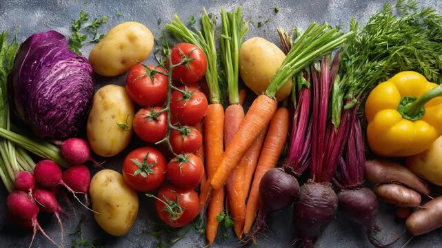 A Cornucopia of Fresh Produce: A vibrant arrangement of colorful, ripe vegetables displayed artfully, showcasing nature's bounty and the essence of healthy eating.