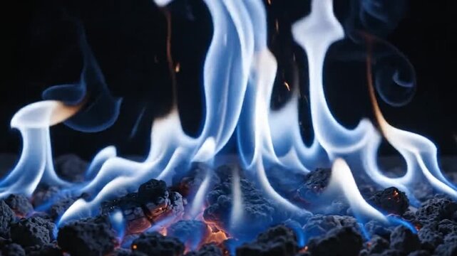 Bright blue gas flames burning on a dark background