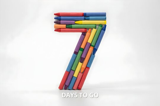 Number seven made of colorful wax crayons for a seven days to go countdown concept