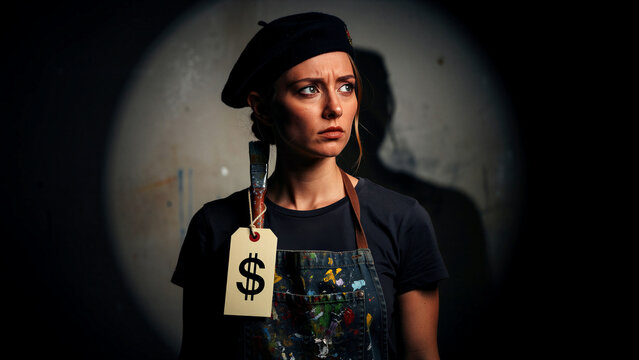 Woman artist in beret and apron looking worried. Price tag with dollar symbol on her paintbrush. Art commercialization and creative struggle concept for financial and cultural marketing.