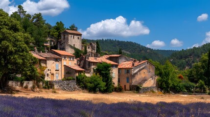 Fototapeta premium lavender festival with local artisans and visitors, rolling purple fields, charming rural architecture, cultural celebration under golden sunlight