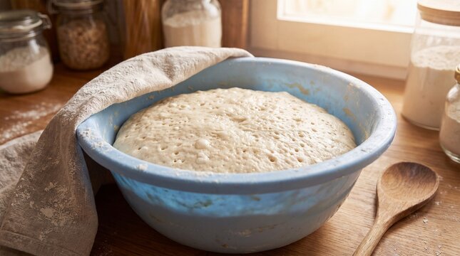 Freshly Made Bread Dough Rising in a Blue Bowl Covered with Cloth.
