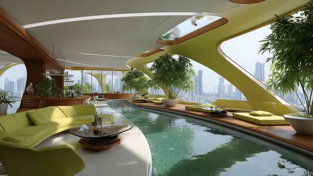 Futuristic Luxury Poolside Lounge: An opulent indoor lounge with a sleek swimming pool, modern furniture, and lush greenery offers breathtaking panoramic city views.