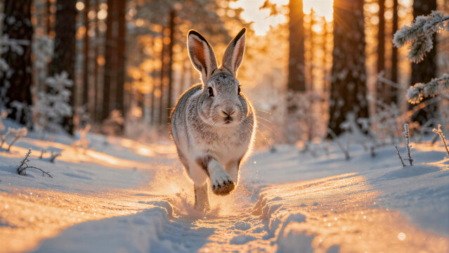Wild rabbit running through deep snow in a winter forest. Golden sunset light illuminates the hare as it hops along a snowy path. Wildlife concept, ideal for seasonal winter nature designs.