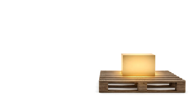 Luminous golden delivery box on wooden shipping pallet logistics concept