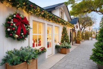 Fototapeta premium Christmas decorated storefronts with garlands and wreaths